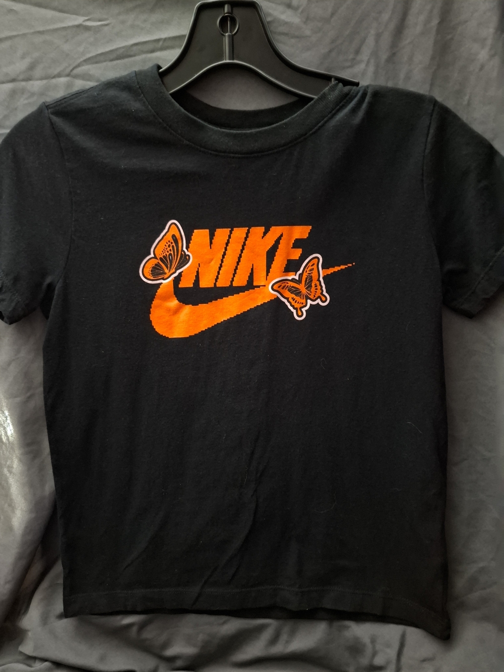 Nike Kids' Black Tee with Orange Logo & Butterfly Accents Size Medium